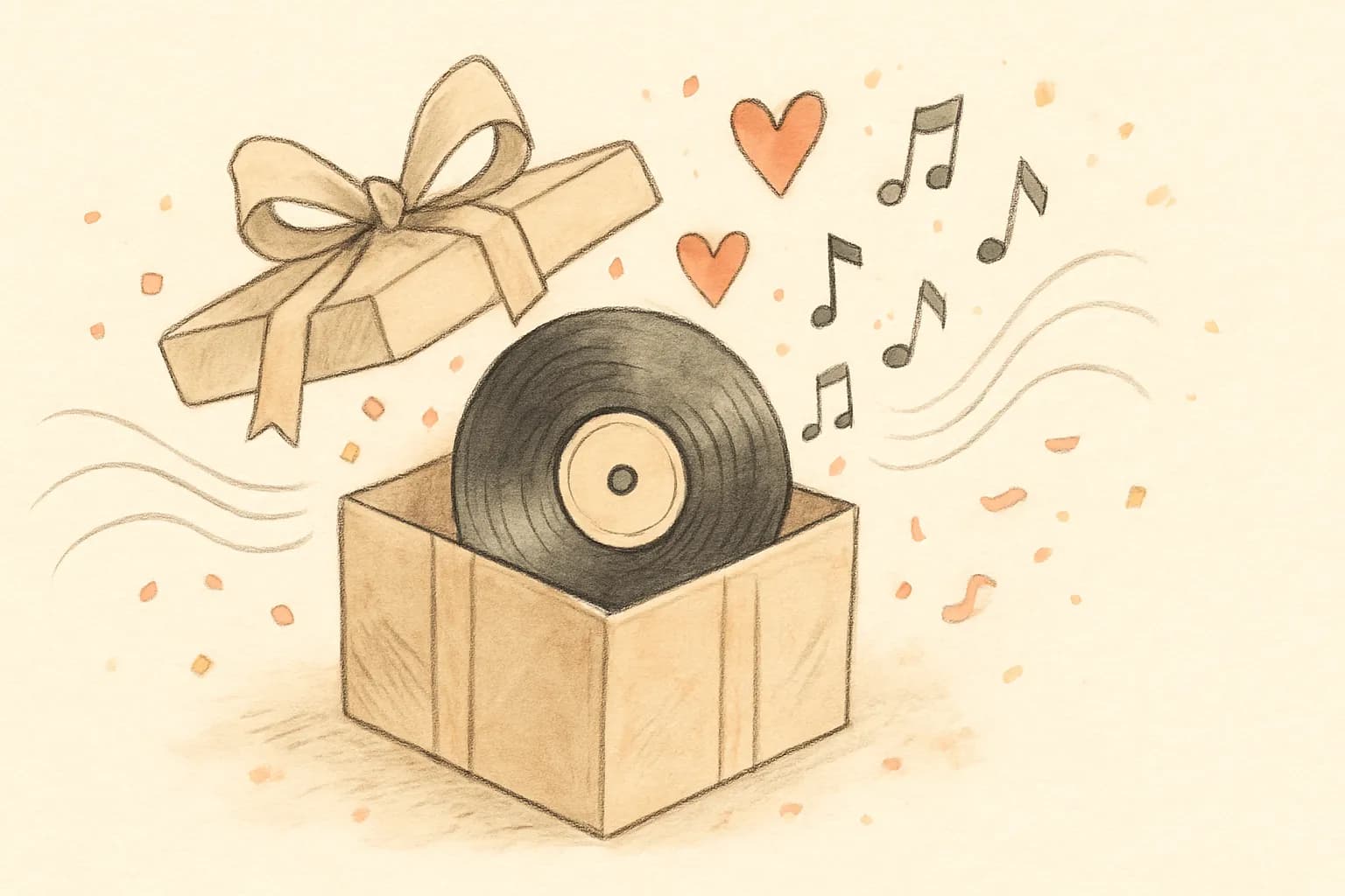 A wrapped gift box opening to reveal a vinyl record and floating hearts.