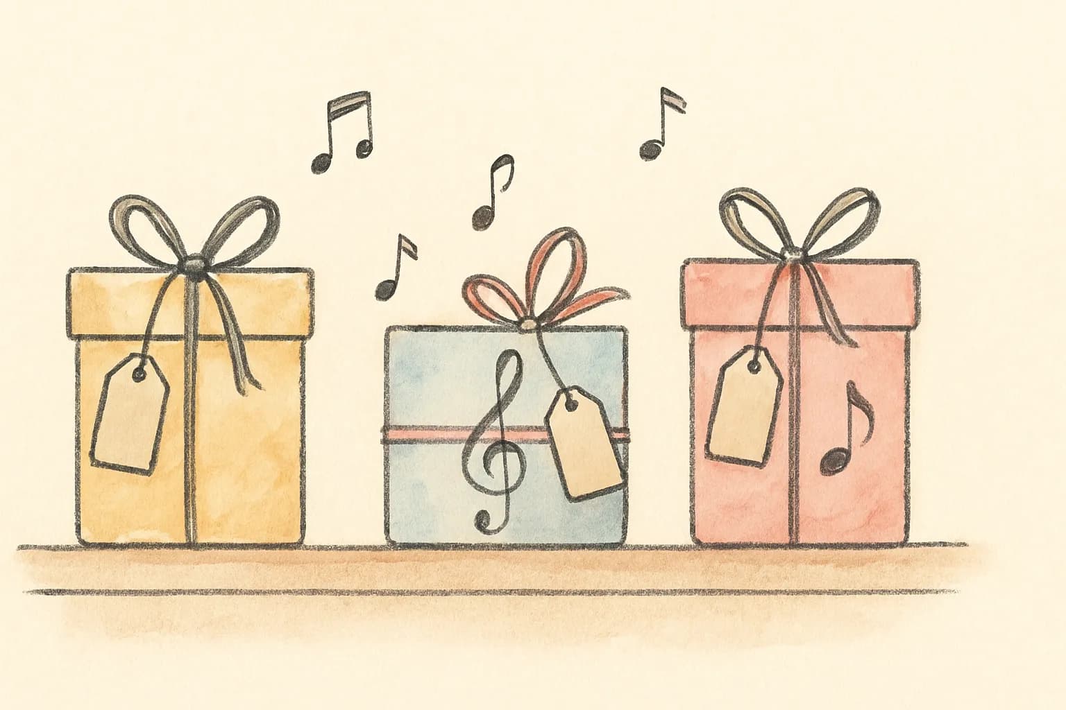 Three abstract song-gift packages on a stylised shop shelf with floating music notes between them.