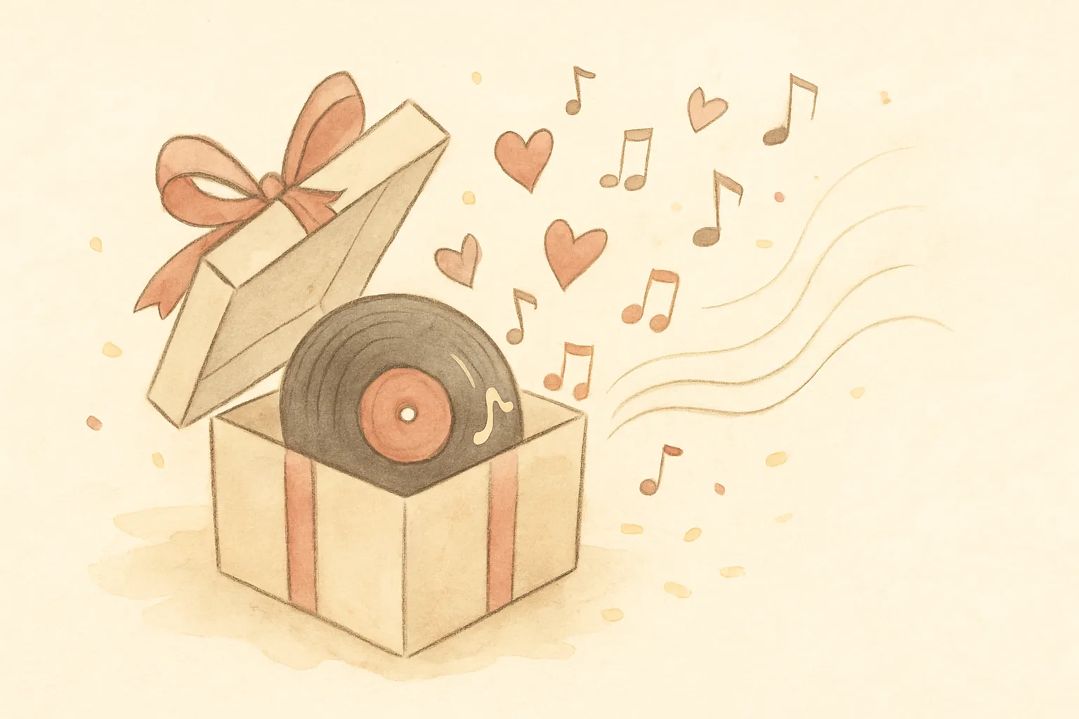 An opening gift box revealing a vinyl record with hearts and music notes spilling out.